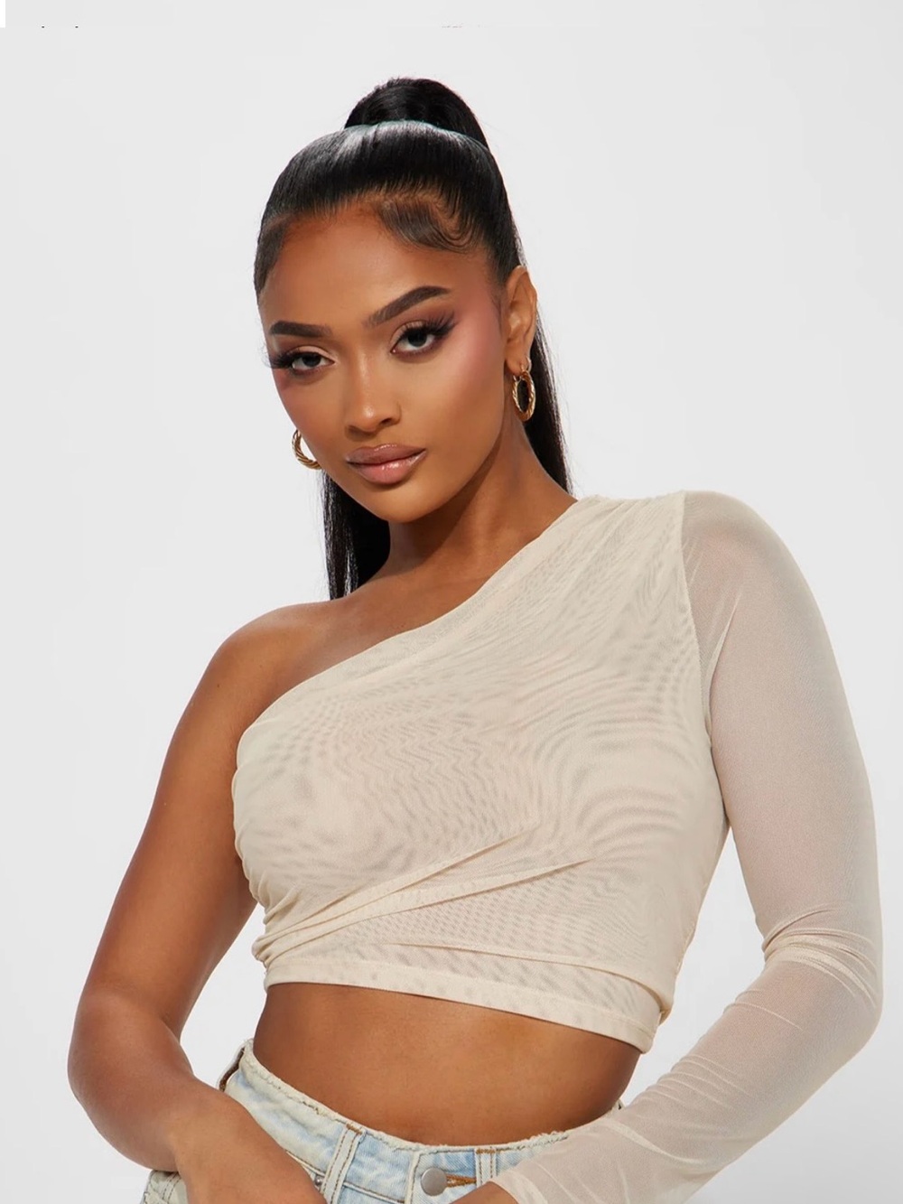 Fashion Nova One-Shoulder Sheer Mesh Crop Top - Beige